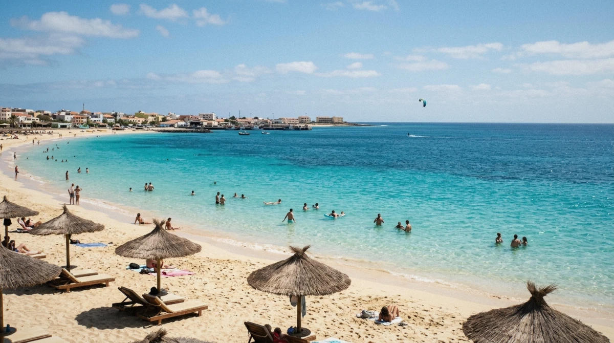 Swimmers in the calm turquoise bay of Santa Maria, the safest sea swimming near Cape Verde all inclusive resorts